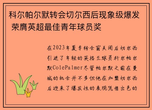 科尔帕尔默转会切尔西后现象级爆发 荣膺英超最佳青年球员奖 科尔帕尔默转会切尔西后现象级爆发 荣膺英超最佳青年球员奖