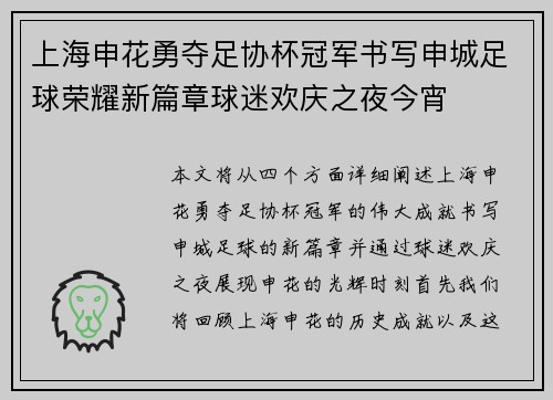 上海申花勇夺足协杯冠军书写申城足球荣耀新篇章球迷欢庆之夜今宵